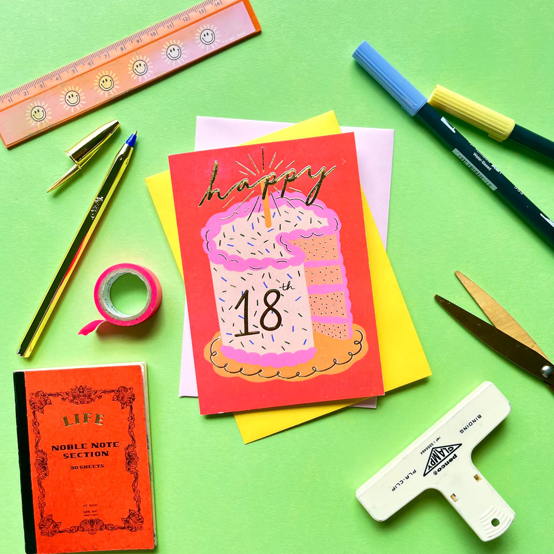 A6 card with cake illustration, "happy 18th" text and a yellow envelope