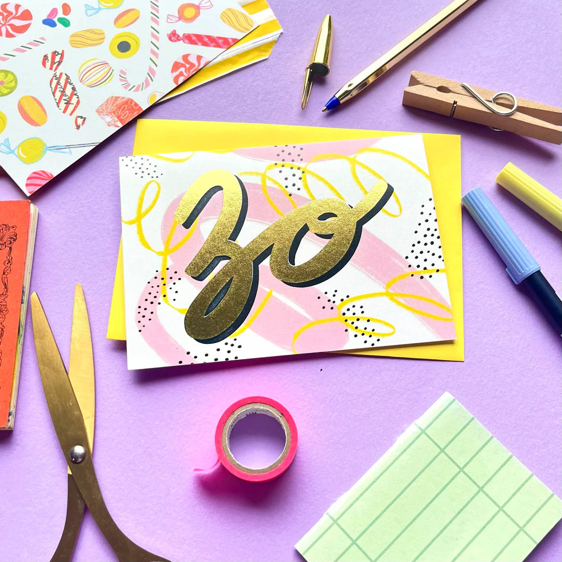 A6 card with "30" text and a yellow envelope
