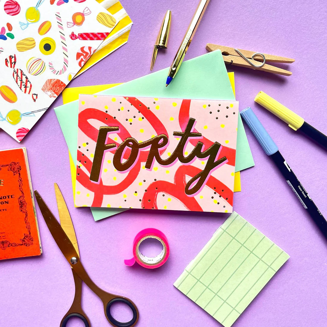 A6 card with "fourty" text and a pink envelope