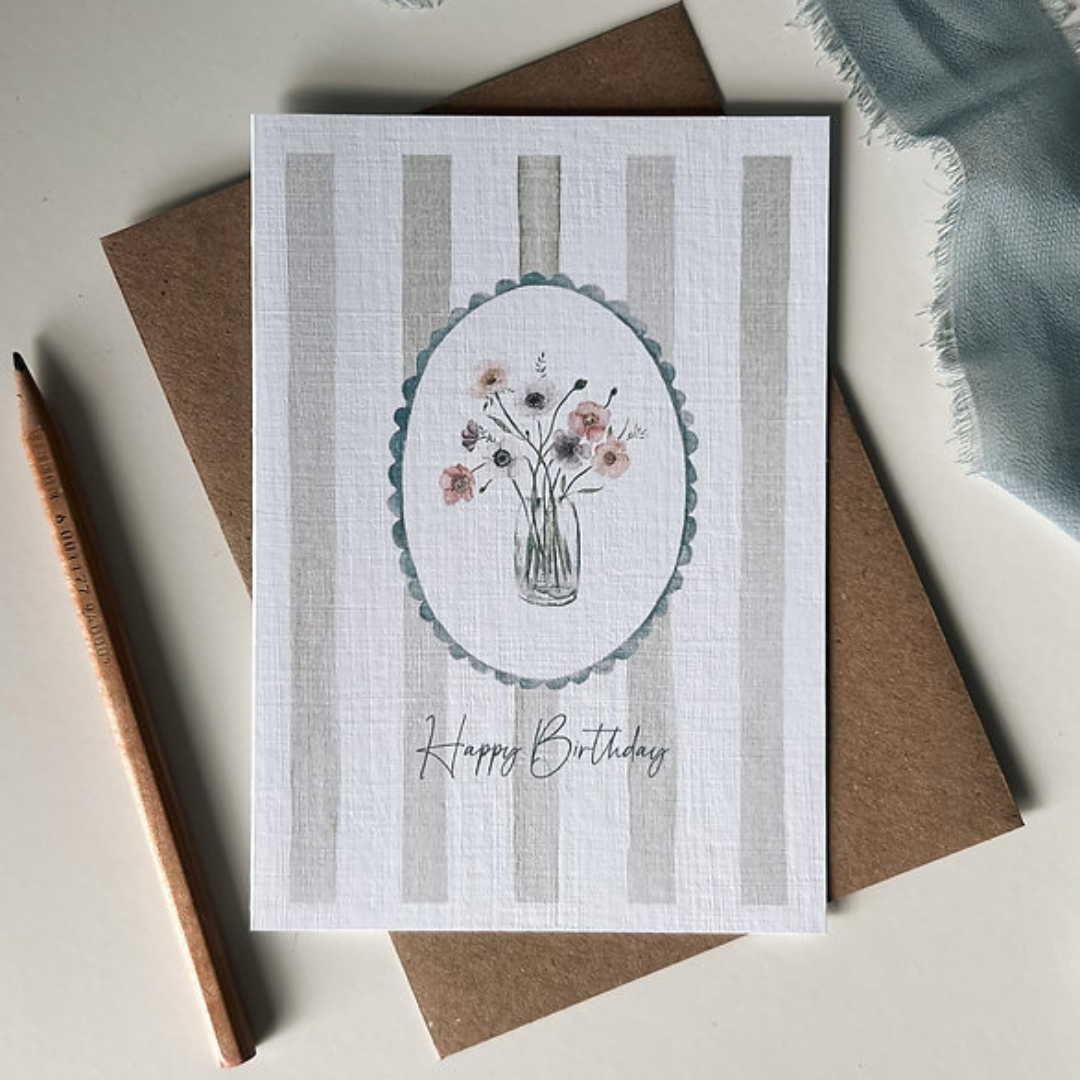 Greeting card with floral design and 'Happy Birthday' text.