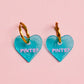 'Pints?' hand painted acrylic heart earrings with gold hoops.