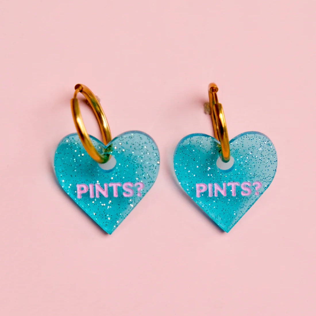 'Pints?' hand painted acrylic heart earrings with gold hoops.