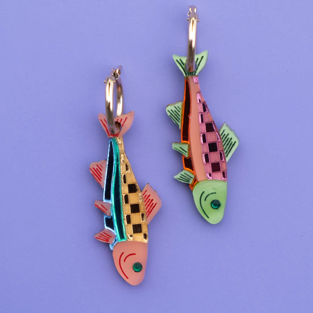 Rainbow trout pendants on gold painted stainless steel hoop earrings