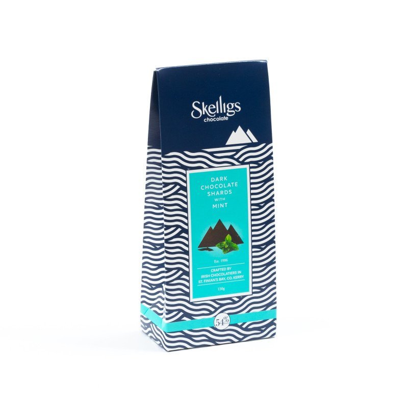 Skellings chocolate packaging with wavy pattern and mountain design on a white background