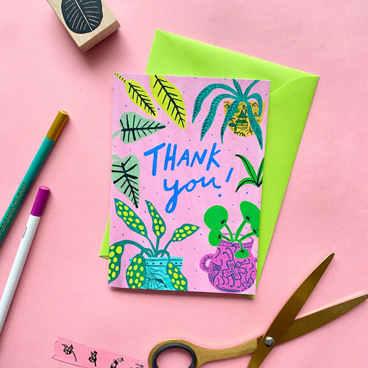 A6 Card with hand-written "Thank you!" text, plant illustrations and a green envelope