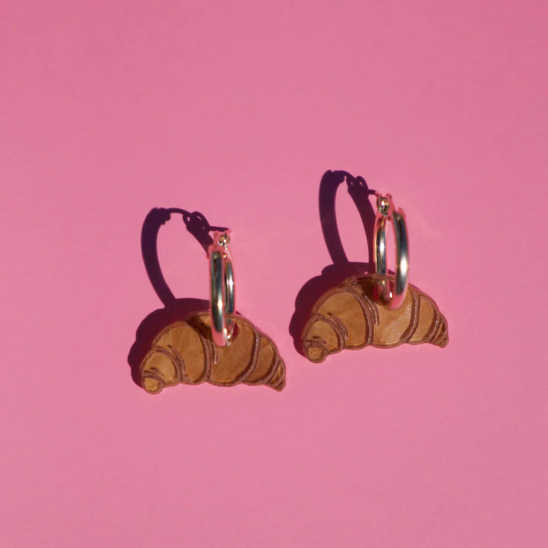 Croissant pastry pendant earrings with gold painted stainless steel hoops